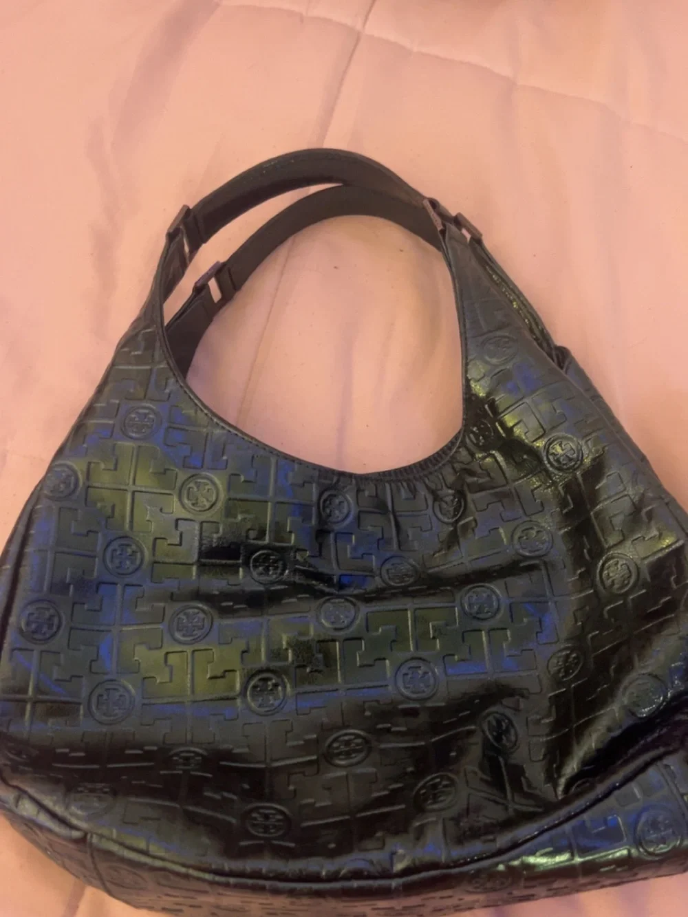 Embossed Green Tory Burch Hobo Bag with Subtle Sheen